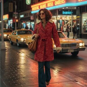 Vintage Ruff Hewn Red Jacquard Double Breasted Coat with Sherpa Collar/Cuffs Y2K